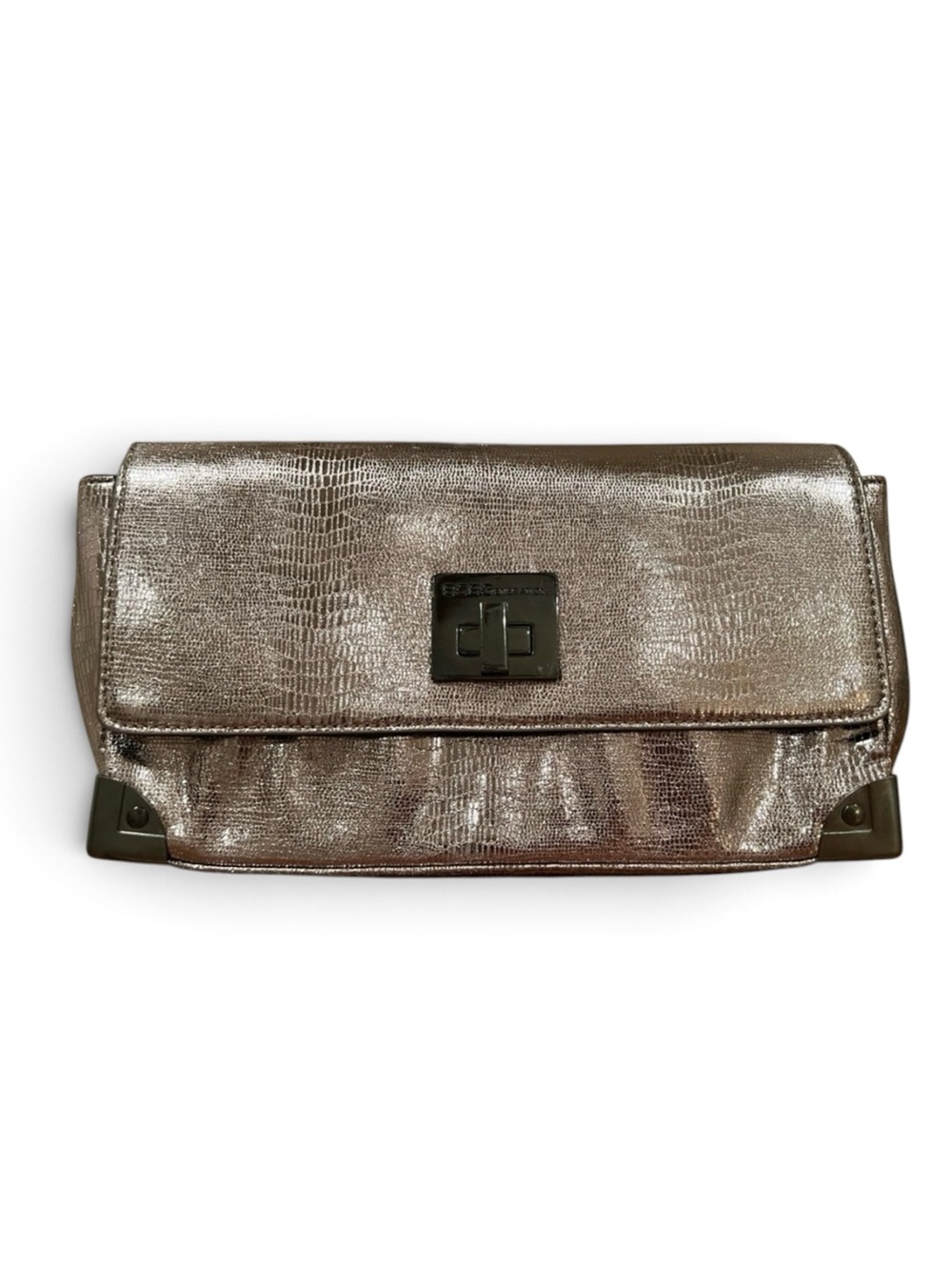 BCBGMAXAZRIA Gunmetal Metallic Lizard Embossed Turnlock Corner Clutch Bag
